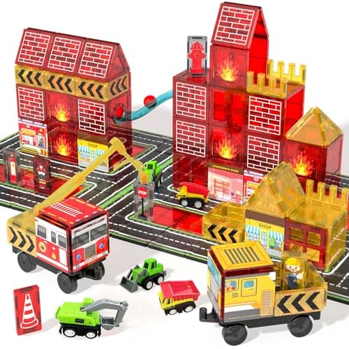 Magnetic Tiles for Kids, 56PCS Construction Magnet Tiles with Fire Truck Station, Building, Road, Crane, Car Truck - STEM Magnetic Blocks for Kids Ages 4-8, Toys for 4 5 Year Old Boys Birthday Gifts - Image 1