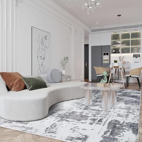 Auemtyn 8x10 Washable Area Rug - Modern Abstract Soft Thin Non-Slip Indoor Floor Carpet for Living Room Bedroom Dining Nursery Farmhouse - White Grey