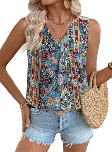 EVALESS Sleeveless Tops for Women V Neck Casual Camisole Blouses Boho Babydoll Shirts 2026 Spring Trendy Bohemian Shirts Vest Dressy Casual Vacation Tank Tops Plus Size XX-Large - Image 1