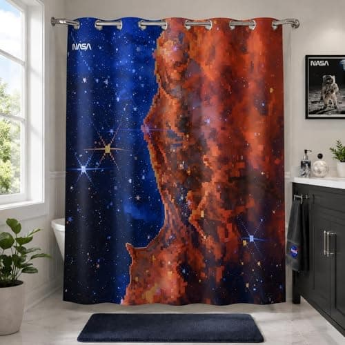 DRIFTED ROOT NASA Licensed No Hook Shower Curtain Set, Cosmic Nebula Cloud Mosaic Design, Space Poster Art, Oxford Cloth, Bathroom Hotel Decor (Cosmic Mosaic-Blue/Red, 72" W x 74" L (Pack of 1)) - Image 1