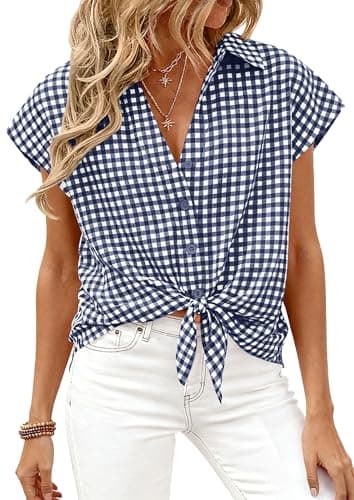 PRETTYGARDEN Womens Short Sleeve Shirts Plaid Button Down Blouse Dressy Casual 2026 Summer Spring Business Gingham Work Tops (Navy,X-Large) - Image 1
