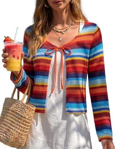 ZAFUL Swimsuit Coverup Shirt for Women Crochet Cardigan Bathing Suit Cover Up Long Sleeve Cover Ups Top Strip Blue XL - Image 1