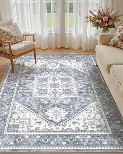 Micgeek 6x9 Vintage Area Rug: Washable Neutral Soft Non Slip Thin Large Floor Carpet for Living Room Bedroom Kitchen Dining Room Home Office Farmhouse Indoor - Blue - Image 1