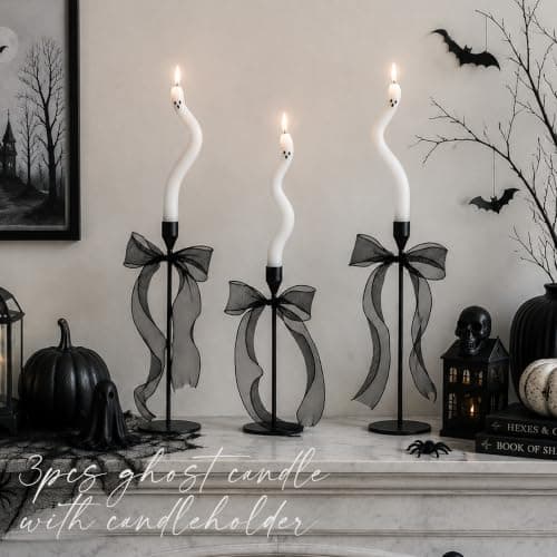 AYGXU Halloween Decorations indoor-3Pcs Twisting Ghost Candles Decor with Candle Holders,Ribbons,Vintage Candlestick Holders Decoration,Halloween centerpieces for Party Table Fireplace Decorations - Image 1
