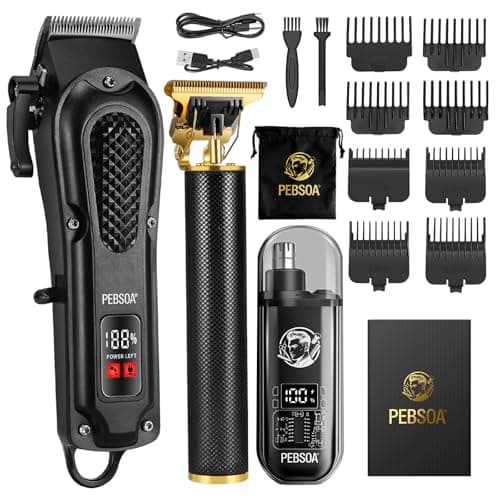 pebsoa® Professional Men's Hair Trimmer Set, Cordless Hair Clippers for Men, Includes a T-Shaped Trimmer and a Nose Hair Trimmer,LCD Battery Level Display(Black) - Image 1