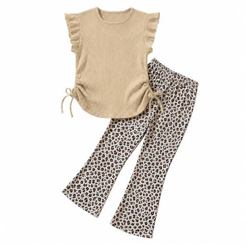 Woleroyir Girls 2 Piece Set Sleeveless Ribbed Tops and Floral Bell Bottom Pants Summer Oufits, Apricot, 13-14 Years - Image 1
