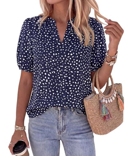 BTFBM Womens Tops 2026 Summer Casual Loose Puff Sleeve V Neck Floral Satin Work Blouse Dressy T Shirts Silk Tunics(Polka Dots Blue White,Large) - Image 1