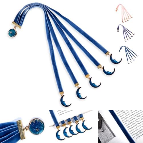 bibiage Velvet Bible Ribbon Bookmark, 5 Multi-Page Bible Bookmarks for Women & Men, 14 inch Ribbon Bookmark for Bible Study, Elegant Christian Gift with Moon Star Pendants, Blue - Image 1