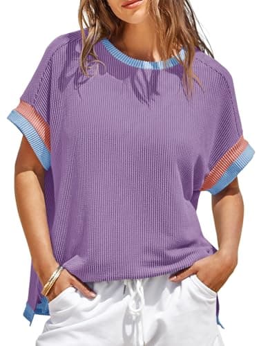 Womens Color Block Oversized Tops Trendy Casual Summer Textured Ribbed Knit T Shirts Loose Fit Short Sleeve Tshirts Purple - Image 1