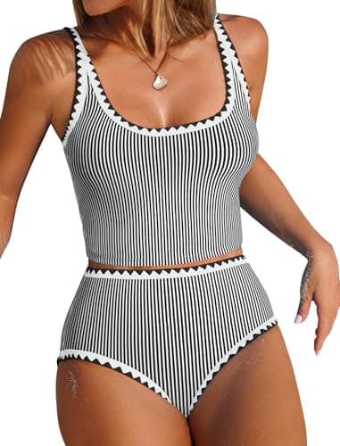 ZAFUL Tankini Swimsuit Tummy Control Bathing Suits 2 Piece Swim Top with High Waisted Bottom Shell Stitch Swim Suits 2026 Black Striped XXL - Image 1