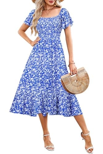 AUSELILY Women's Summer Empire Waist Dress Smocked Flutter Short Sleeve Square Neck Midi Dresses 2026 New Blue White Flower XL - Image 1