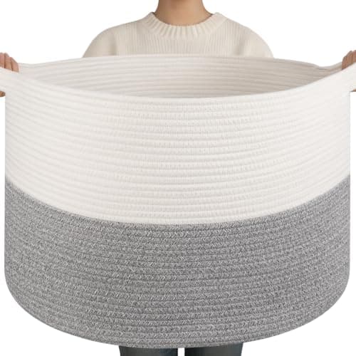 OIAHOMY 90L XXXLarge Blanket Basket for Living Room, 21.7" x 13.8" Woven Cotton Rope Laundry Basket for Organizing Pillows, Decorative Stuffed Animal Toy Storage for Nursery, White and Light Grey - Image 1