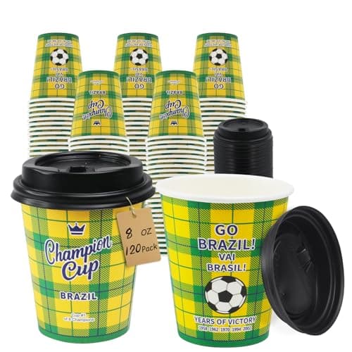 Sowinvent 8 oz Champion Cup Celebrating Brazil, 5-Time World Soccer Champion, 120 Sets Kids Disposable Paper Party Cups with Lids, Compostable & Plastic-Free for School Preschool Kindergarten - Image 1