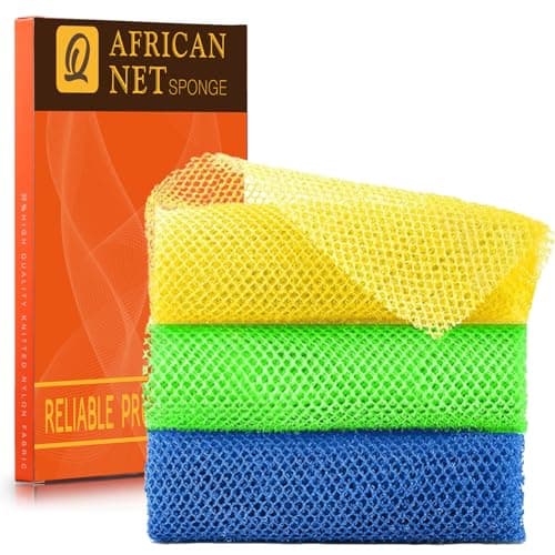 UJFQBH 3 Pieces African exfoliating net African Net Long Net Bath Sponge Exfoliating Shower Body Scrubber Back Scrubber Skin Smoother,Great for Daily Use (Yellow, Green, Blue) - Image 1