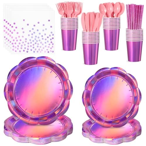 NatNarr 200 Pcs Pink Plates and Napkins Party Supplies, 25 Guest Scalloped Iridescent Pink Plates Napkins Cups Set Holographic Pink Party Decorations for Birthday, Mermaid, Disco Party - Image 1