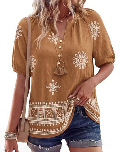 BTFBM Womens Summer Boho Tops Casual V Neck Short Sleeve Blouses Floral Print Shirt Tie Front Beach Vacation Fashion Clothing(Floral Khaki Apricot, X-Large) - Image 1