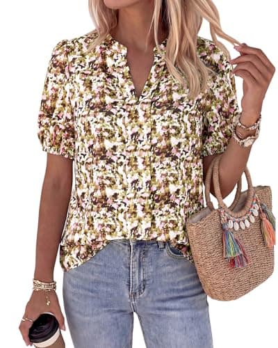BTFBM Womens Tops 2026 Summer Casual Loose Puff Sleeve V Neck Floral Satin Work Blouse Dressy T Shirts Silk Tunics(Army Green Watercolour,XX-Large) - Image 1