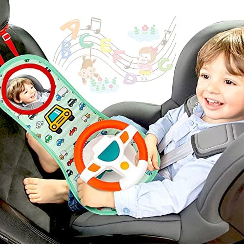 COVTOY Carseat Toy for Infants, Baby Steering Wheel Toys with Mirror, Music Lights 6-12 Months Baby Toys for Car Seat - Image 1