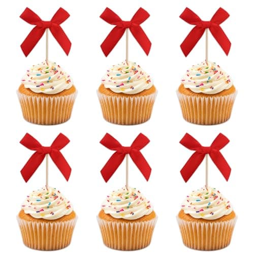 Oeyliz Red Bow Cupcake Toppers Bow Cake Topper Decorations 24 PCS Red Bows Cupcake Toppers Birthday Party Decorations Cake Bow Cupcake Topper for Baby Shower Birthday Wedding Bridal Party Supplies