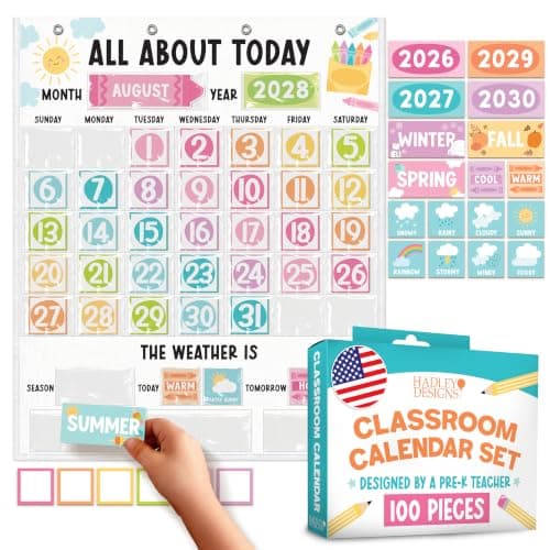 Large 45 Pockets Classroom Calendar Pocket Chart - 24x29" Pocket Calendar, Teacher Calendars Bulletin Board Set, Elementary Kindergarten Preschool Classroom Decor, Crayon Bulletin Board Decorations