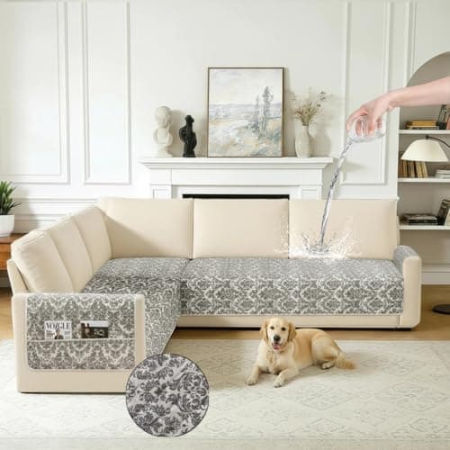 ALIECOM L Shaped Couch Cover for Sectional Sofa Waterproof Sofa Slipcover Non Slip Corner Couch Covers for Dogs Cats (X-Large, Floral Khaki)