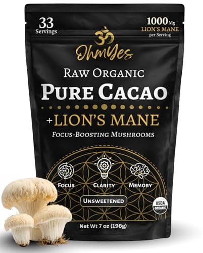 OhmYes Lions Mane Mushroom Cacao | Raw Organic Natural Chocolate Powder Drink Mix | Plant-Based Energy and Cognitive Support | Sugar-Free Flavanol Superfood | 33 Servings