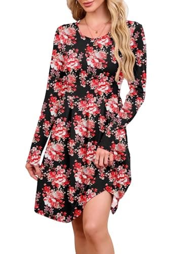 KORSIS Dresses for Women Casual Swing T-Shift Fall Long Sleeve Crewneck Pleated Babydoll High Waist Tunic Dress with Leggings White Watercolor Floral 2XL - Image 1