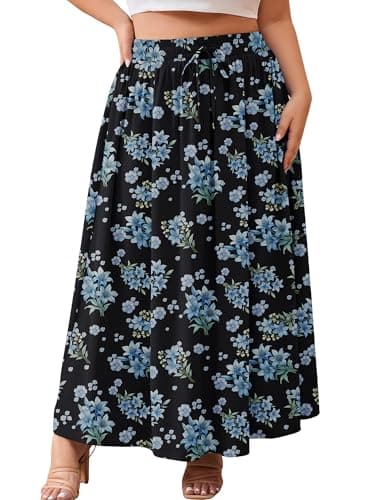 AusLook Plus Size Maxi Skirt for Women High Waisted Elastic Waist Flowy A Line Long Black Blue Lily Bouquet 4X Skirt with Pockets Casual Summer Beach Vacation - Image 1