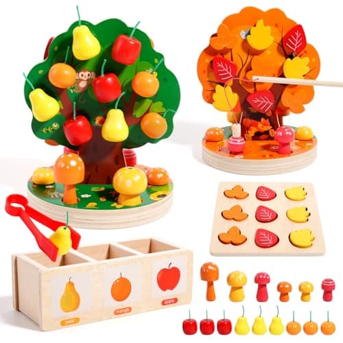 INIFEIDALA Montessori Toys for 3 4 5 6 Year Old - Wooden Educational Toy for Toddlers,Shape Sorting Puzzle for Fine Motor Skills,Apple Picking Magnetic Tree Toy,Hand-Eye Coordination,Color Recognition - Image 1