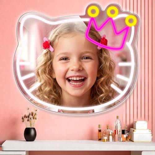 Large Anime Vanity Mirror with Neon Sign, 19 x 16 Inch USB Powered Makeup LED Mirror with Adjustable Brightness, Room Wall Decor for Girls Teen Bedroom Women Children Gift Birthday Christmas - Image 1
