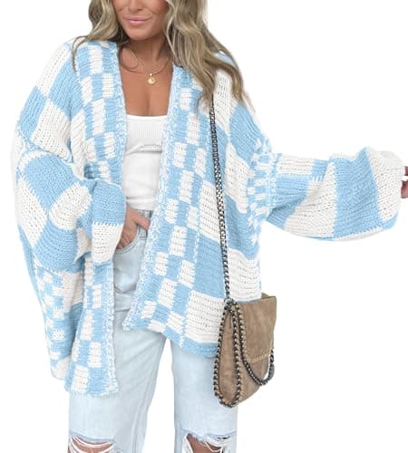 BTFBM Casual Cardigan Sweater for Women Fall 2026 Long Sleeve Open Front Chunky Knit Sweaters Checkered Outwear Coat(Blue,X-Large) - Image 1