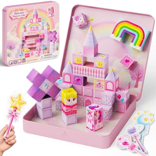 burgkidz Magnetic Blocks for Girls Travel : 355g Unicorn Patent Pending Cones & Wands - N32 Magnets 35-45dB Quiet 45s Cleanup - Airplane Car Activities Ages 3-8