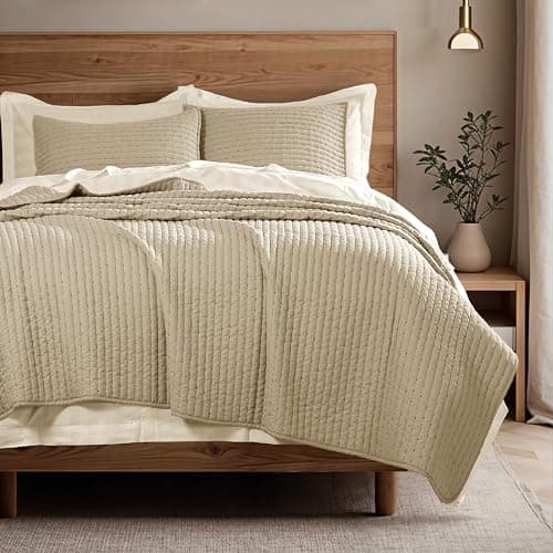 COOLXTRA Lightweight Quilted Bedspread Quilt Set, Pre-Washed Brushed Microfiber, Handmade-Look Stitching, All-Season Decorative Coverlet with 2 Pillow Shams, Queen, Camel - Image 1