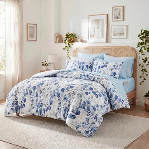 Regency Heights Lightweight Seersucker Botanical Comforter Set King Size, 9 Pieces Reversible Design Bed in A Bag Set, Premium Microfiber Bedding Set, Blue - Image 1