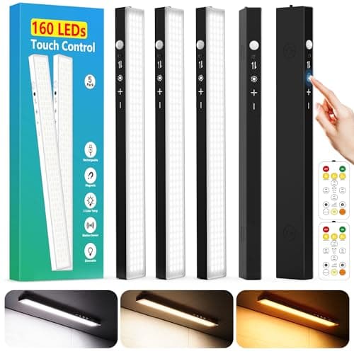 12inch 5Pack Touch Control Under Cabinet Lighting, 160LED Super Bright, 4000mAh Long-Lasting, Magnetic Rechargeable Motion Sensor Under Counter Lights for Kitchen, Closet, Remote, Dimmable, 3CCT丨Black - Image 1