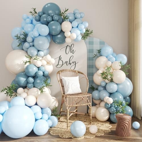 Dusty Blue Balloon Arch Kit 124Pcs blue and White Balloon Arch Garland Kit Include Macaron Blue Light blue Sand White Balloons for Baby Shower Bridal Shower Birthday Party Decorations - Image 1