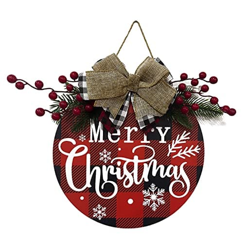 Merry Christmas Sign Front Door - Wreaths for Front Door Red Decorations Outdoor Wall Decor Winter Decor - Burlap Bow Outdoor Christmas Decorations Wooden Farmhouse - PalaYou - Image 1