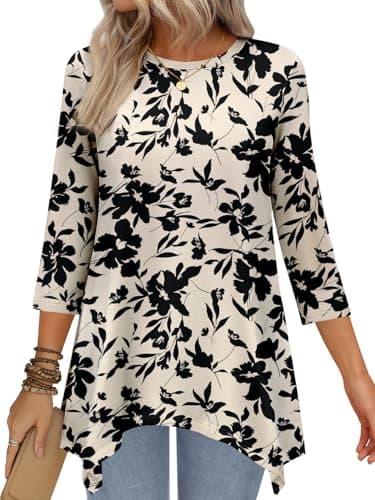 JUSTFASHIONNOW Floral Tunic Tops for Women Plus Size Dressy Casual 3/4 Length Sleeve Womens Blouses Maternity Shirts Asymmetrical Hem Ladies Outfits(Apricot,3X-Large - Image 1