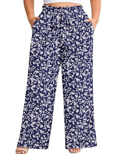AusLook Plus Size Wide Leg Pants for Women High Waist Elastic Drawstring Palazzo Casual Lounge Beach Travel Vacation Resort Navy Blue Silhouette 1X Pants with Pockets Flowy Summer Comfy Outfit - Image 1