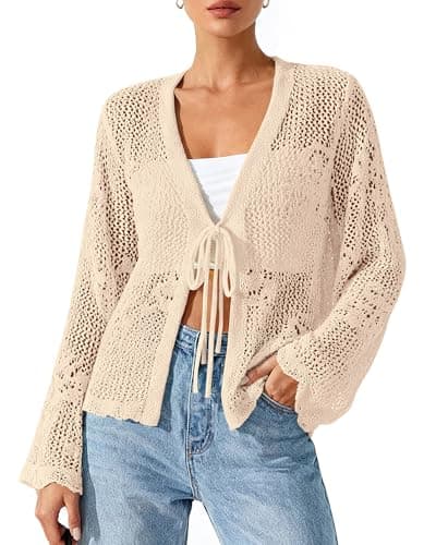 BTFBM Summer Cardigans for Women Lightweight 2026 Spring Crochet Hollow Out Long Sleeve Tie Front Beach Vacation Coverups(Apricot, Large) - Image 1