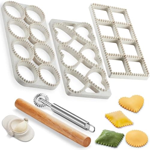 MUMSUNG Ravioli Maker Press, Ravioli Press Mold Set - Round, Heart, Square Ravioli Stamp Maker Cutter with Wood Rolling Pin, 2.6" Empanada Maker Press Kit and Ravioli Wheel 3 PCS - Image 1