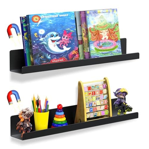 TJDUK 2 Pack Magnetic Book Shelf for Whiteboard, 17 Inch Heavy Duty Metal Magnetic Shelves, Holds 12 lbs, Magnetic Book Display for Classroom Furniture, Office - Black - Image 1
