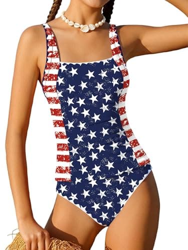 GEMLON Girls Swimsuits Size 10-12 Padded Adjustable Girls 4th of July Swimsuit Ruched Tankini Set Two Piece Beach Bathing Suit White-Blue - Image 1