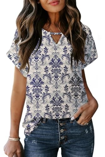 Dokotoo Womens Boho Plus Size Tops for Women Summer 2026 Crewneck Chiffon Blouses Business Casual Short Sleeve T Shirts for Women Trendy Floral Print Ladies Tops and Blouses - Image 1