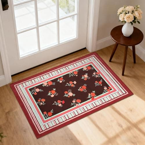 GarveeHome Red 2x3 Area Rug, Vintage Floral Machine Washable Small Rug, Non Slip TPR Backing, Soft Entryway Mat for Kitchen Bathroom Bedroom Nursery - Image 1