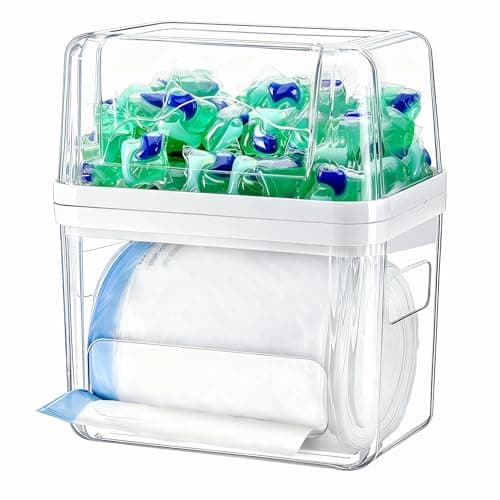 iCASA Trash Bag and Dishwasher Pod Dispenser - 3 in 1 Clear Storage Bins Holder for 13/30/33 Gallon Garbage Bags, Laundry Detergent Pods & Tabs, Under Sink Organizer for Kitchen and Laundry Room - Image 1