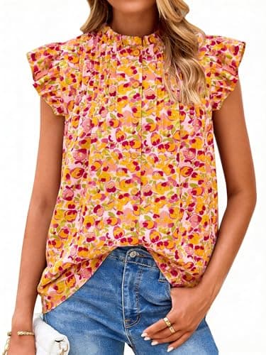 PRETTYGARDEN Women Button Down Boho Shirts Floral Ruffle Cap Sleeve Mock Neck Flowy Casual Summer Blouses Tops (Floral Yellow, Medium) - Image 1