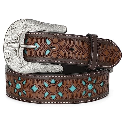 WOWOGO Western Belts for Women Cowgirl Cowboy Country Belt Turquoise Rhinestone Leather Belt Brown Plus Size Belt - Image 1