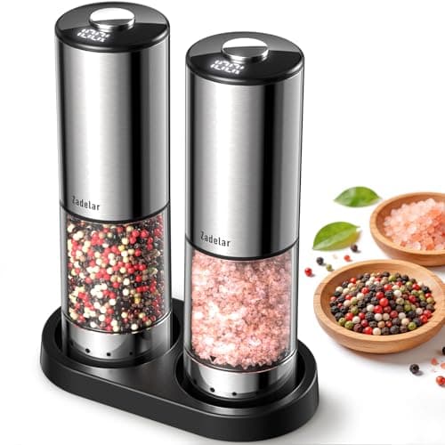 Rechargeable Electric salt and pepper grinder set with Storage Base,Automatic Refillable Salt and Pepper Shakers with LED Display,Upgraded Large Capacity,External Adjustable Coarseness for Mom Gifts - Image 1