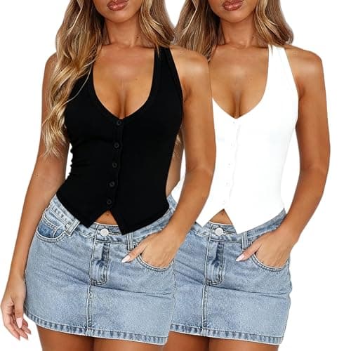 Halter Tops for Women, Sexy Tops for Women, Going Out Tops, V Neck Sleeveless Backless Y2k Tank Top, Ribbed Slim Fit Top (XX-Large, Black+White) - Image 1